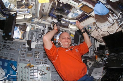 Anderson floats in the aft FD on Space Shuttle Endeavor during Joint Operations