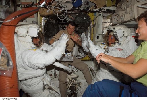 Wheelock, Nespoli, Parazynski and Whitson in the A/L prior to EVA 1