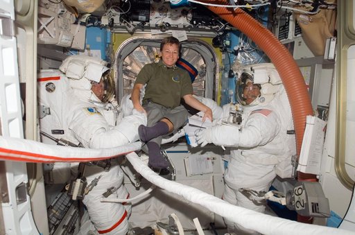 Parazynski, Whitson and Tani in the A/L prior to EVA 2