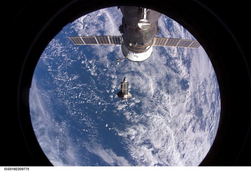 View of Discovery after undocking from the ISS during the STS-120 Mission