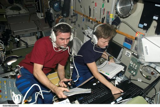 Malenchenko and Whitson during docking procedures for Progress 27P Spacecraft