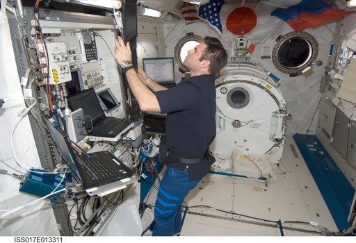 Chamitoff works on the JEMRMS in the JEM during Expedition 17