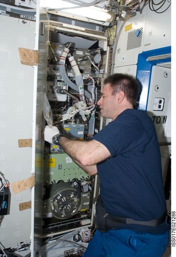 Chamitoff works with the H2 Sensor in the  U.S. Laboratory during Joint Operations