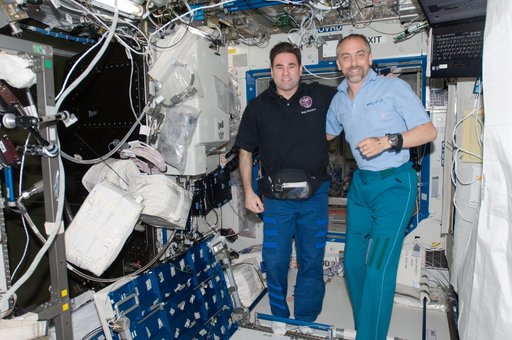 Expedition 18 Crewmembers in the U.S. Laboratory during Joint Operations