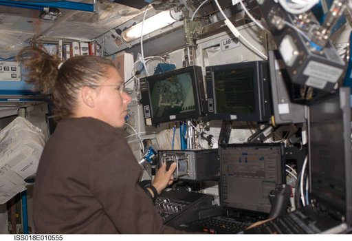ISS Expedition 18 Sandra Magnus at Robotics Work Station (RWS)