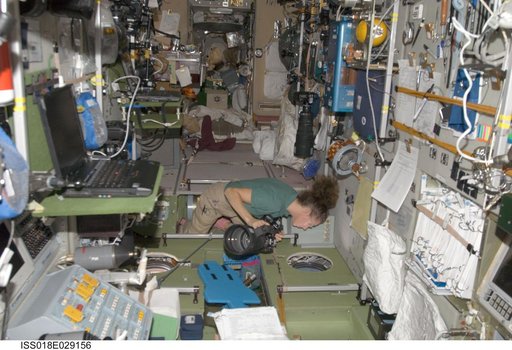 ISS Expedition 18 Sandra Magnus in Service Module (SM) with cameras