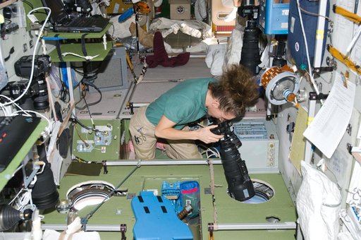 ISS Expedition 18 Sandra Magnus in Service Module (SM) with cameras