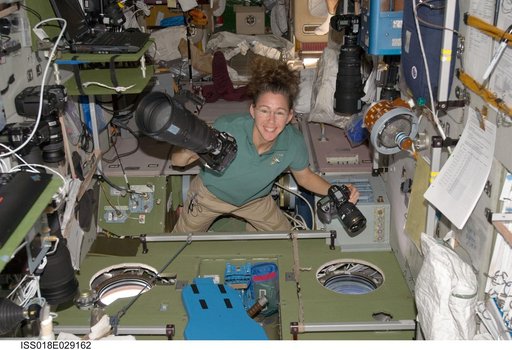 ISS Expedition 18 Sandra Magnus in Service Module (SM) with cameras