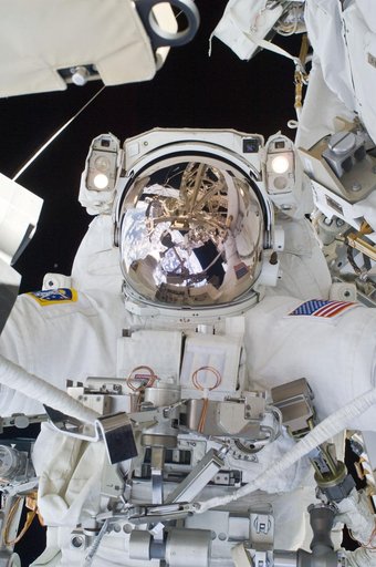 Arnold on P3 Truss for P3 Nadir UCCAS Deployment during STS-119 Extravehicular Activity (EVA) 3