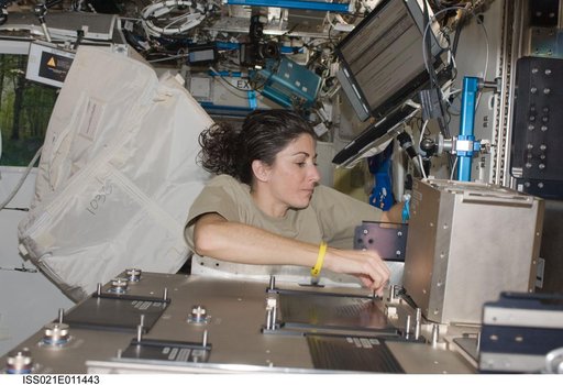 View of FE Stott installing hardware on the Fluids Integrated Rack (FIR)