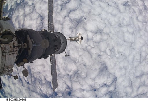 View of the Shuttle Atlantis approaching the ISS