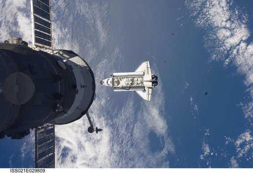 View of the Shuttle Atlantis approaching the ISS