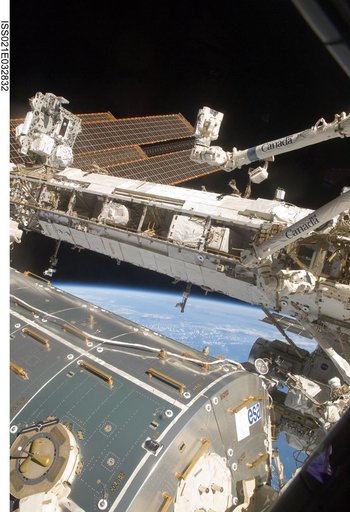 Exterior view of the ISS taken from the Shuttle Atlantis Flight Deck