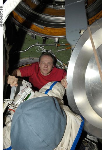 Kotov in the Transfer Compartment of the SM during Expedition 22