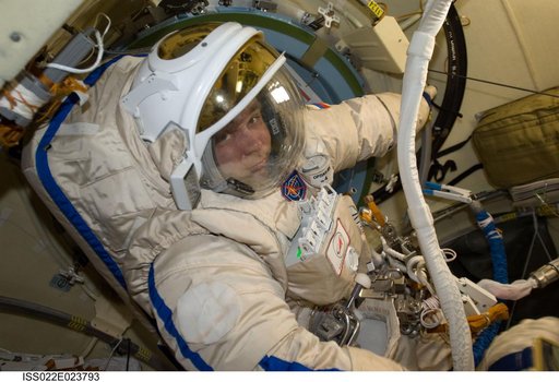 Suraev wearing Russian Orlan Spacesuit in the Pirs DC-1 during Expedition 22