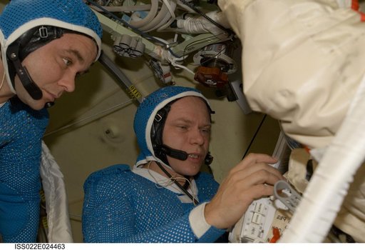 Suraev and Kotov in the Pirs DC-1 during Expedition 22