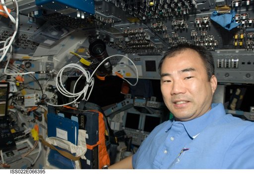 Noguchi in the FD on STS-130 Space Shuttle Endeavour during Joint Operations