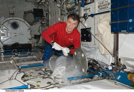 Nespoli works on the MELFI in the Kibo JPM during Expedition 26