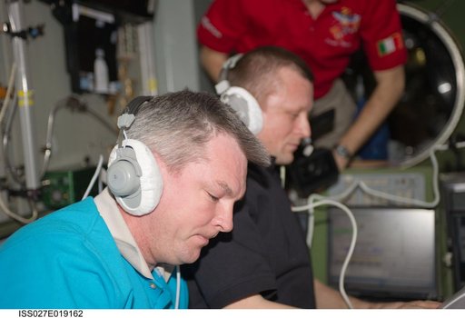 Samokutyaev and Kondratyev in the SM during Progress 42P Docking