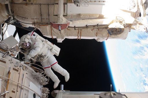View of STS-134 MS Feustel working during EVA-3