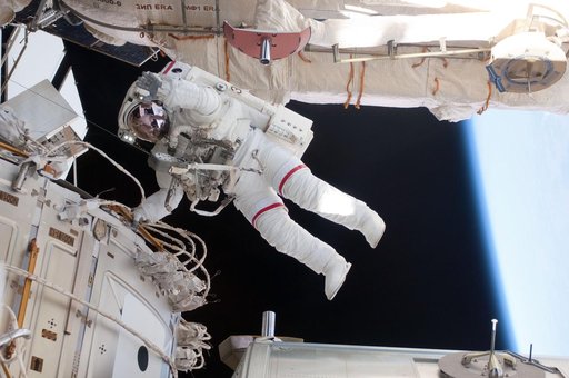 View of STS-134 MS Feustel working during EVA-3