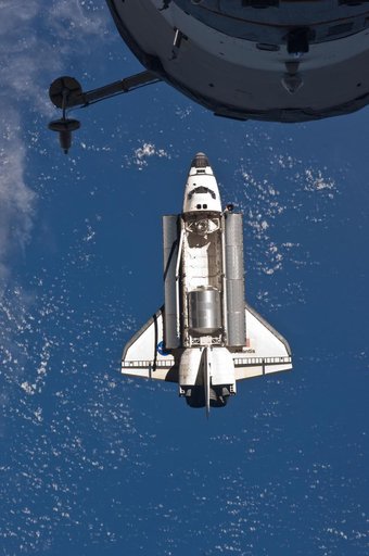 View of the Shuttle Atlantis during approach to the ISS