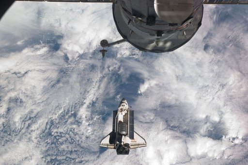 View of the Shuttle Atlantis during approach to the ISS