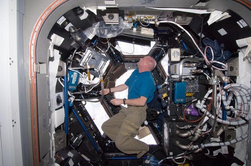 Kuipers looks out window in the Cupola Module