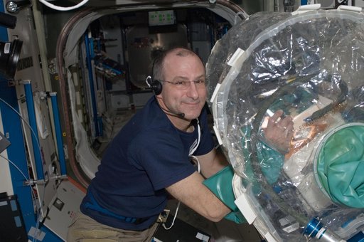 Pettit works on a SPHERES in the Portable Glovebox in the U.S. Laboratory