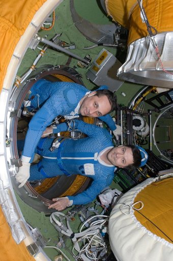 Expedition 30 FEs prepare for EVA in the SM Transfer Compartment