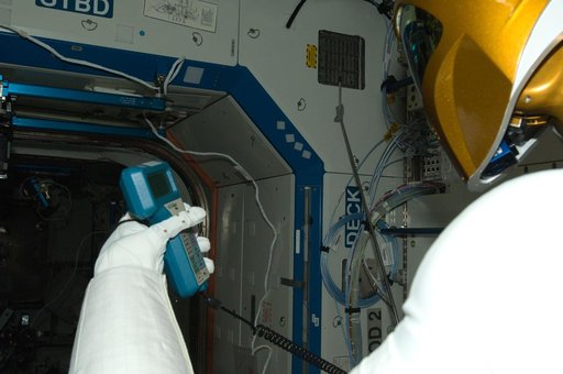 Robonaut 2 Humanoid Robot measures the air velocity in the U.S. Laboratory
