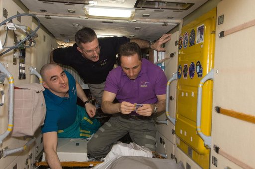 Expedition 30 crewmembers prepare to add Soyuz TMA-22 Patch