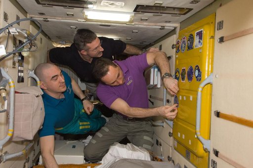 Expedition 30 crewmembers prepare to add patch to Soyuz TMA-22