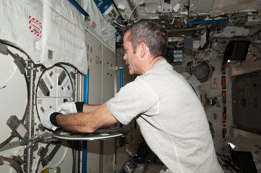 Hadfield prepares to insert biological samples in the MELFI-1