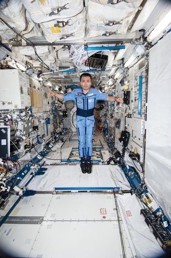 Wakata wearing Penguin-3 Antigravity Pressure/Stress Suit