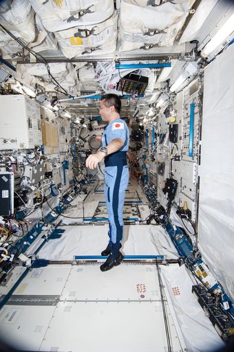 Wakata wearing Penguin-3 Antigravity Pressure/Stress Suit