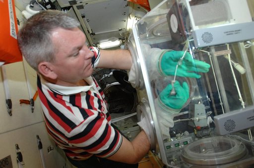 Samokutyaev works with the bioscience experiment ASEPTIC