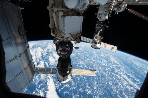 View of the Docked Soyuz TMA-15M and Progress 57P