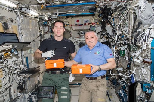Pesquet and Yurchikhin during JAXA PCG Canister Bag Handover