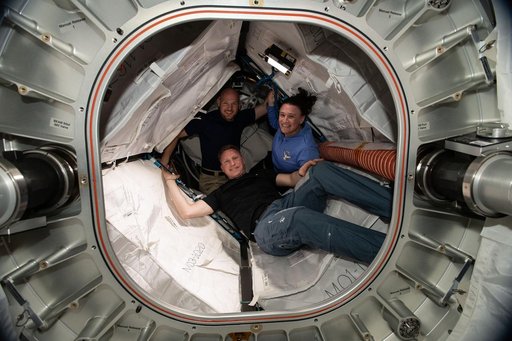 Gerst, Prokopev, and Serena Auñón-Chancellor in the BEAM during Daily Life on the ISS