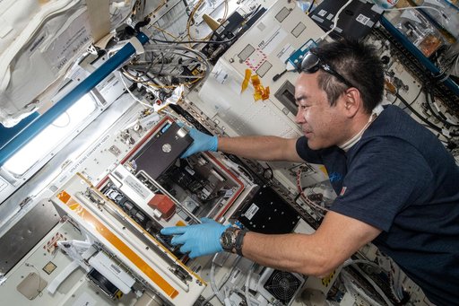 Akihiko Hoshide works with Cell Gravisensing samples aboard the International Space Station