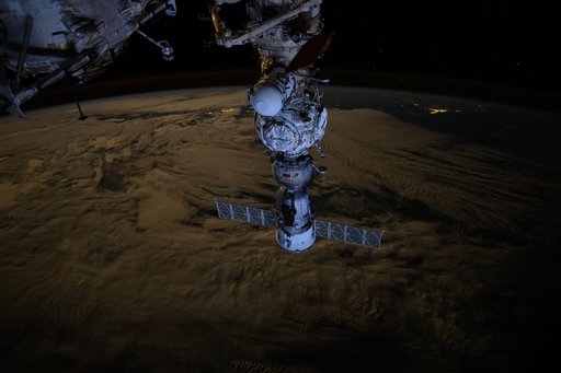The Soyuz MS-25 crew ship docked to the Prichal docking module