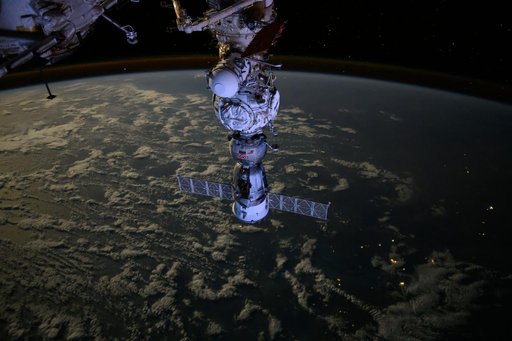 The Soyuz MS-25 crew ship docked to the Prichal docking module