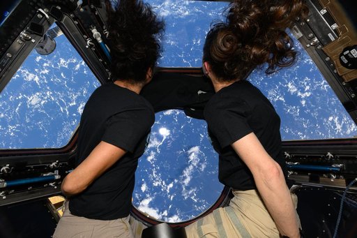 NASA astronauts Suni Williams and Tracy C. Dyson look out the cupola