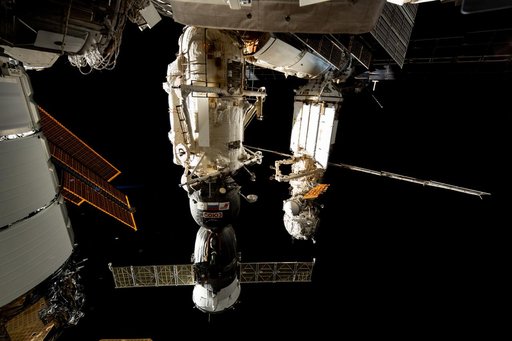 The Soyuz MS-26 crew ship docked to the Rassvet module