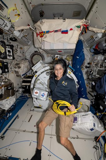 Astronaut Suni Williams displays radiation measurement hardware