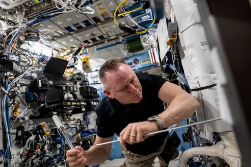 Astronaut Butch Wilmore installs science hardware inside the Destiny laboratory module