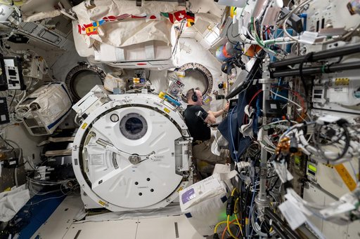 Astronaut Butch Wilmore works on science maintenance tasks