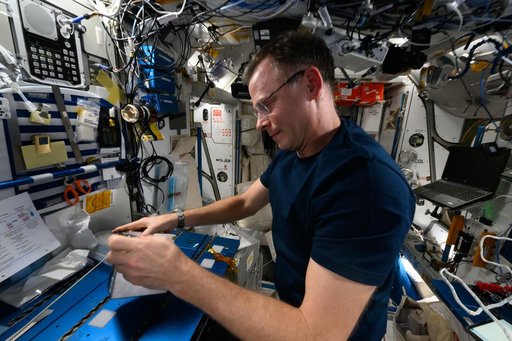 Astronaut Nick Hague services micro-algae samples for a biology study