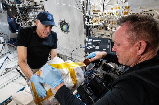 Astronauts Don Pettit and Butch Wilmore pack external research hardware
